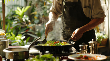 A glimpse of the cooking process, with a chef or home cook preparing the dishes in a traditional kitchen setting. Show the use of authentic cooking tools and techniques. 