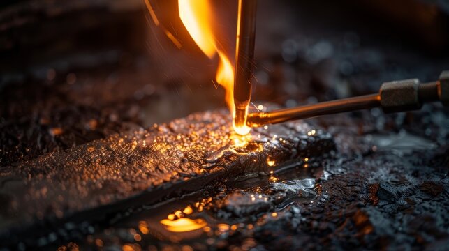 A macro image of a jewelers hand holding a blowtorch melting metal into a molten liquid to be poured into a mold for a custommade bracelet. - Powered by Adobe