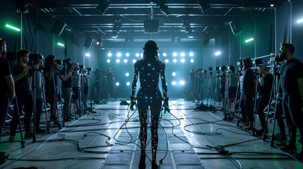 Actress wearing motion capture suit filming scene in studio