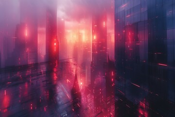 Futuristic cityscape with glowing red lights and misty ambiance, featuring high-rise buildings and a surreal, cyberpunk atmosphere.
