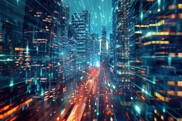 Fototapeta premium Digital data flowing through a busy city street at night