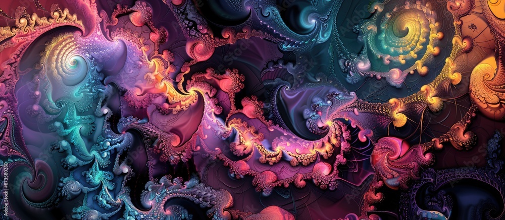 Poster an intricate fractal design with swirls and patterns in pastel shades, creating a vibrant and elegan