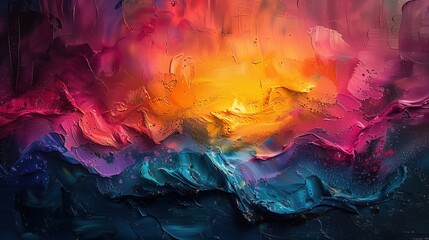 Vibrant abstract painting with bold colors of pink, blue, and yellow, creating a dynamic and textured visual experience.