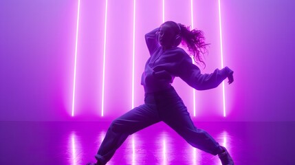 Stylish fashion teenager model wearing hoodie and headphones listening dj music dancing in purple neon lights. Young teen girl enjoy cool music 90s party mix in violet studio background. Copy space. 