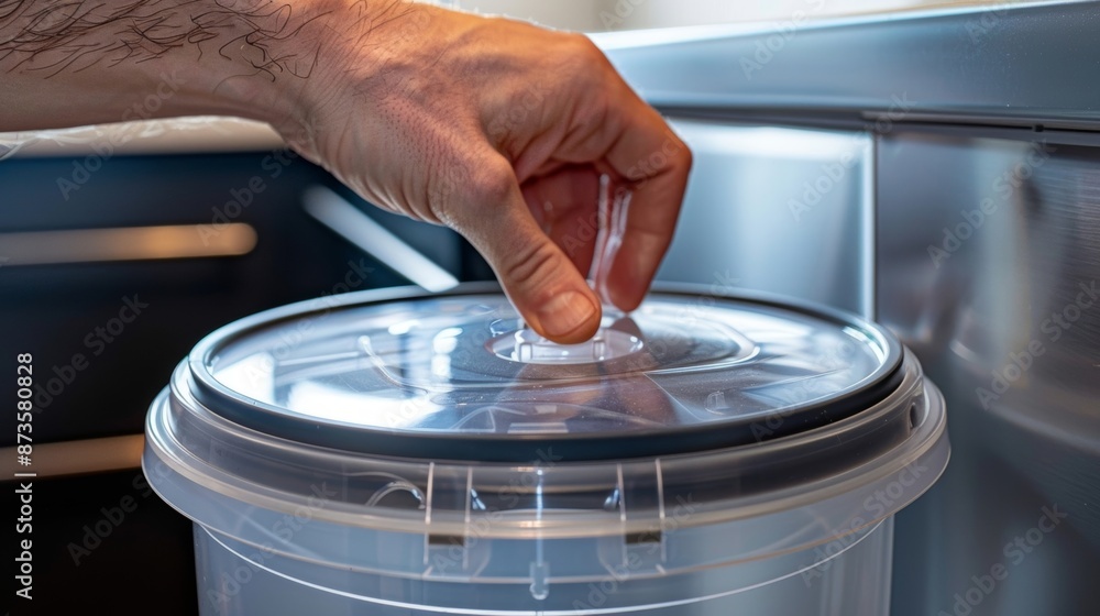 Poster a handson shot of a smart storage container with a presson lid that creates an airtight seal with ju