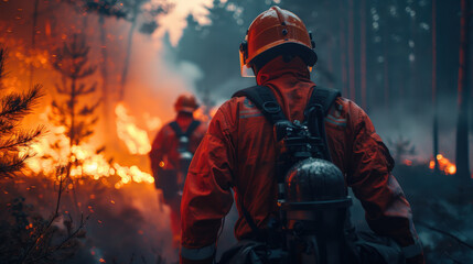 Fototapeta premium Firefighters in protective gear fighting a raging forest wildfire, surrounded by smoke and flames, during a rescue operation.