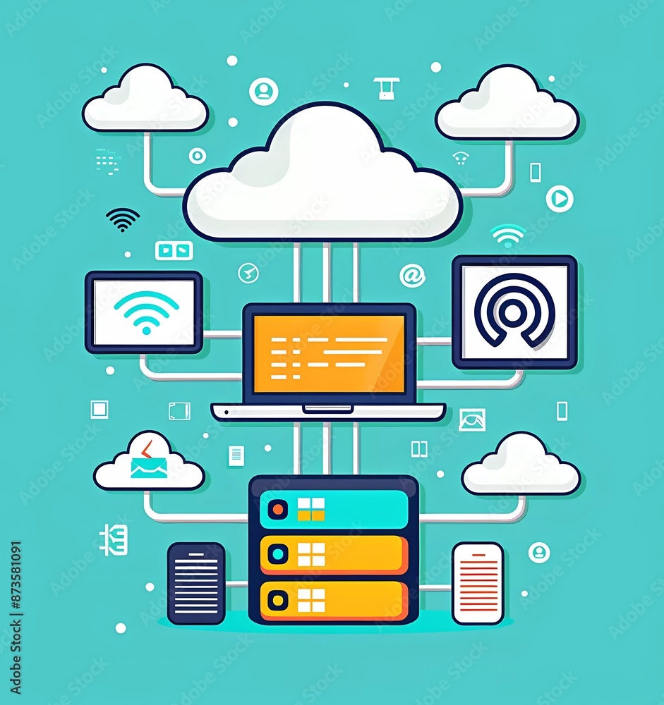 Poster flat vector illustration of cloud computing server and laptop in minimalist design style with simple