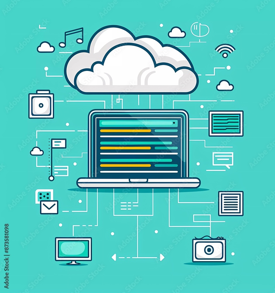 Poster flat vector illustration of cloud computing server and laptop in minimalist design style with simple