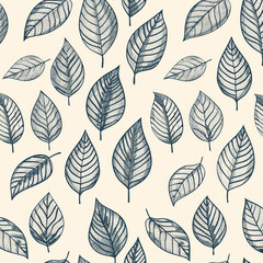 Large autumn blue green leaves pattern pencil sketch thick lines smooth hand drawn natural illustration. Simple organic plants design Botanical vintage graphic art wallpaper neutral ivory background. 