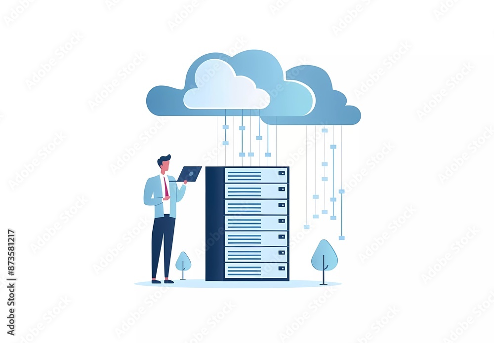 Poster flat vector illustration of an it system or cloud server. a software engineer working on a laptop in
