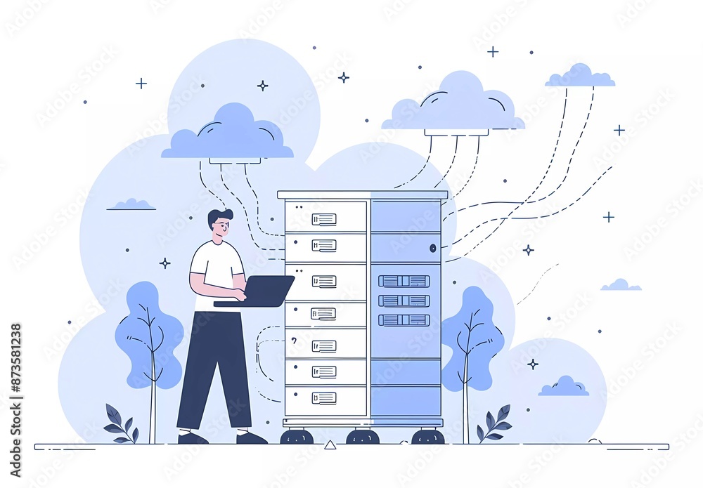 Poster flat vector illustration of an it system or cloud server. a software engineer working on a laptop in