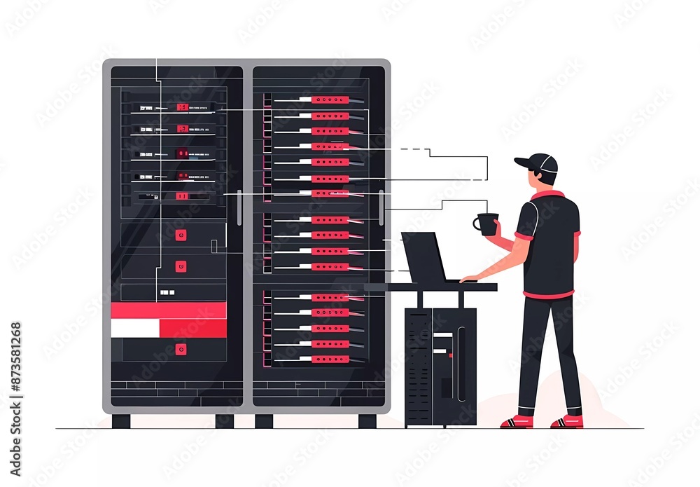 Poster flat vector illustration of an it system or cloud server. a software engineer working on a laptop in