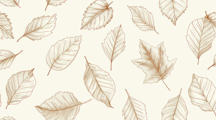 Large autumn leaves pattern Pencil sketch thick lines smooth hand drawn natural illustration. Simple organic plants design. Botanical vintage graphic art wallpaper, background. 
