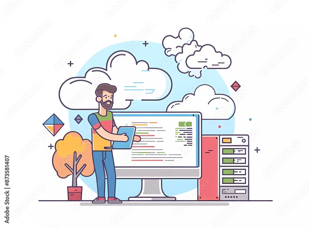 Poster flat vector illustration of man holding data system developer working on big screen computer, surrou
