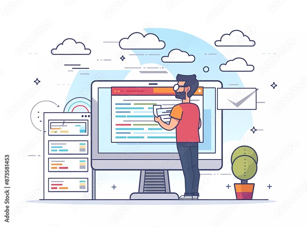 Poster flat vector illustration of man holding data system developer working on big screen computer, surrou