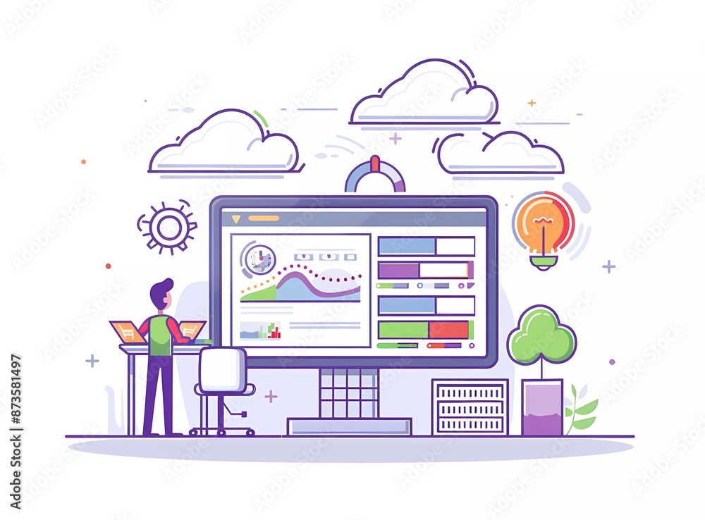 Poster flat vector illustration of man holding data system developer working on big screen computer, surrou