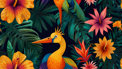 vibrant summer pattern illustration featuring tropical elements such as palm leaves, hibiscus flowers, pineapples, and exotic birds