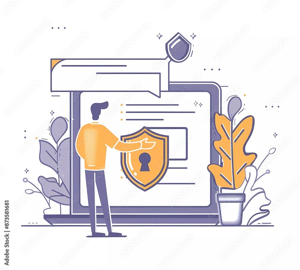 Poster vector flat illustration of security shield and businessman pointing at laptop with website page in 