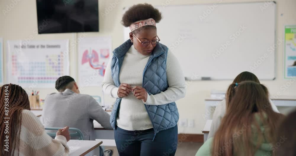 Aufkleber school, classroom and teacher checking test for assignment, examination and subject assessment. educ