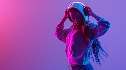 Stylish fashion teenager model wearing hoodie and headphones listening dj music dancing in purple neon lights. Young teen girl enjoy cool music 90s party mix in violet studio background. Copy space. 