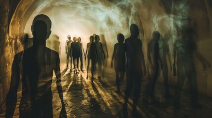Crowd of people walking in dark tunnel with smoke
