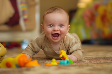 Obraz premium Baby smiling joyfully, surrounded by colorful balls