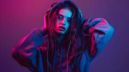 Stylish fashion teenager model wearing hoodie and headphones listening dj music dancing in purple neon lights. Young teen girl enjoy cool music 90s party mix in violet studio background. Copy space. 