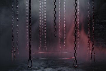 Eerie scene with hanging chains and a red mist, suggestive of suspense or horror