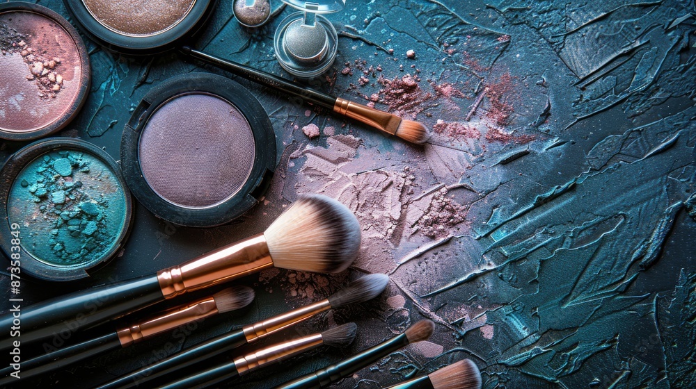 Poster makeup products displayed on dark textured background in close up view