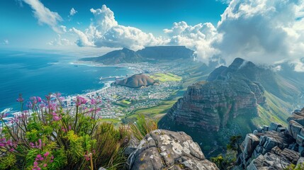 A beautiful view of a city and mountains with a blue sky