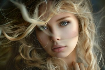 Portrait of a young woman with intense eyes and windswept blonde hair creating a dreamlike atmosphere © anatolir