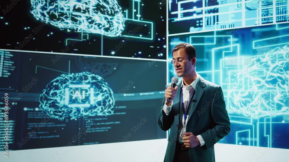 Aufkleber speaker does presentation during tech conference, exploring successful implementation of ai in drivi