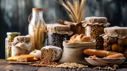 Fototapeta premium Assortment of Bread and Grains in Rustic Setting