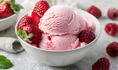  pink ice cream topped with a few pieces of fresh raspberries and strawberries, Generative AI