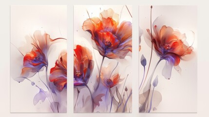 3 Panel Wall Art of Red Purple Abstract Floral Design on White Background