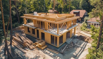 Modern ecological construction  aerial view of two story wooden house being built near forest