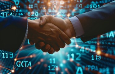 Two business people shaking hands with digital overlay
