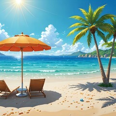 Obraz premium A vibrant summer beach scene with crystal clear turquoise water, golden sandy beach, colorful umbrellas, under a bright sun