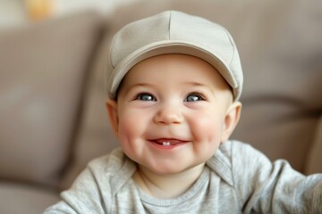 Closeup of an adorable baby wearing a stylish cap with a beaming smile