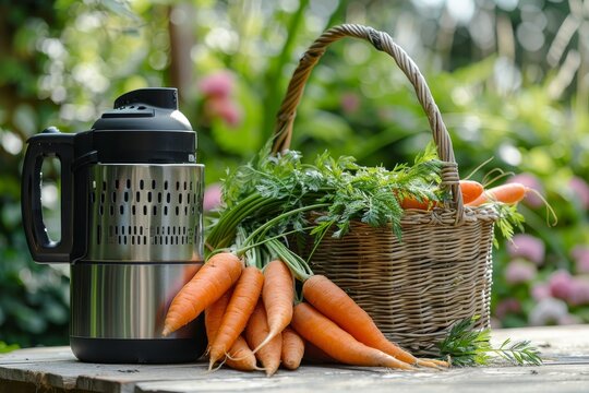 Freshly harvested carrots in basket with juicer for making nutrient rich fresh juice - Powered by Adobe