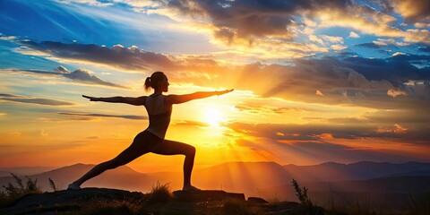 Silhouette of a person in Warrior Pose yoga, against a natural background