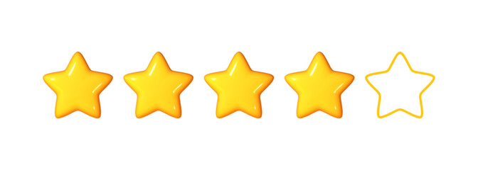 Five glossy yellow stars. Representing customer rating and feedback about a website's employee. Realistic 3D design, suitable for mobile applications.