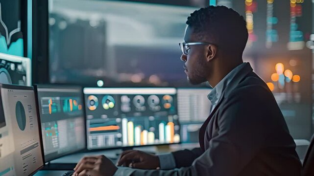 A Business man is sitting in front of a computer monitor with a map of the world on the screen. He is wearing glasses and he is focused on the data displayed on the monitors.