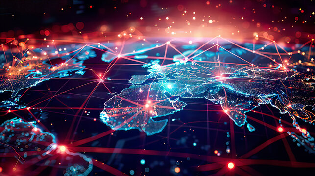 Dynamic illustration of a global network map with pulsating nodes and data streams representing the continuous flow of information across borders and cultures. 