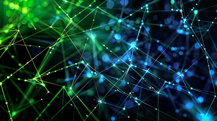 Fototapeta premium High-resolution digital technology background with geometric AI patterns interconnected neural network lines bright blue and green huesfocus on deep learning big data and futuristic technology 