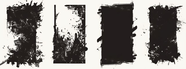 Set of 4 Grunge Textures with Ink Drawings on White Background,