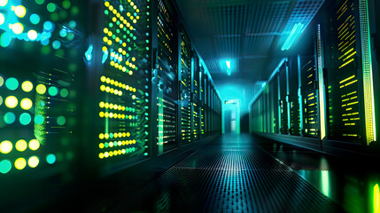 Fototapeta premium High-resolution image of a server room with illuminated server racks bright blue and green lights modern and efficient design focus on data storage