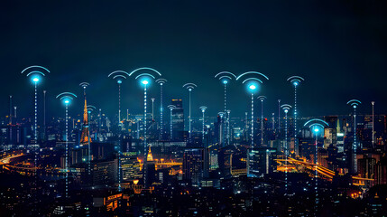 Obraz premium High-resolution image of a vibrant cityscape with dynamic wireless network connections glowing symbols representing connectivitywith city lights focus on innovative technology