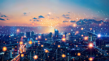 Fototapeta premium High-resolution image portraying a smart city with a telecommunication network concept modern city skyline with glowing network connections dynamic digital elements focus on technological advancement 