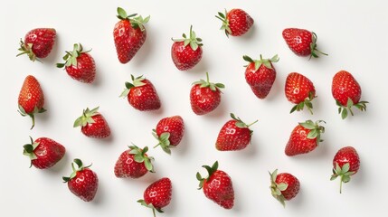Delicious fresh red strawberries on white background, top view